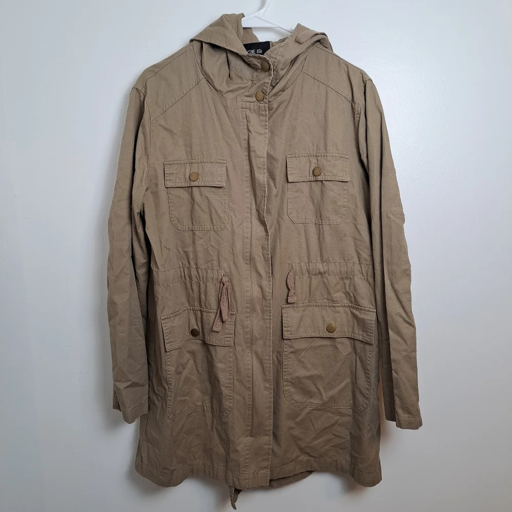 Active USA Tan Cargo Grunge Long Elastic Waist Hooded 100% Cotton Jacket Size L